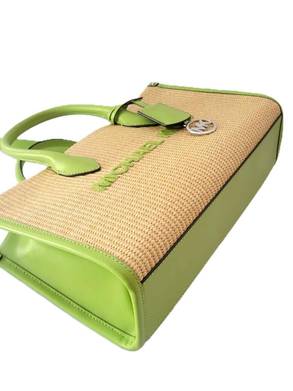 Michael Kors Mirella Medium EW Top Zip Satchel Lime Woven Straw Faux Leather - Picture 6 of 7